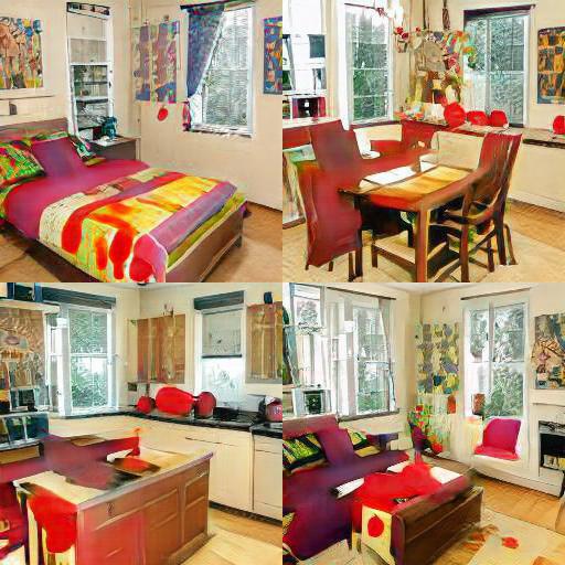 4-square grid of images: each has a very similar color scheme, style, and room layout, but they each look like different rooms: bedroom, dining room, kitchen, and living room.