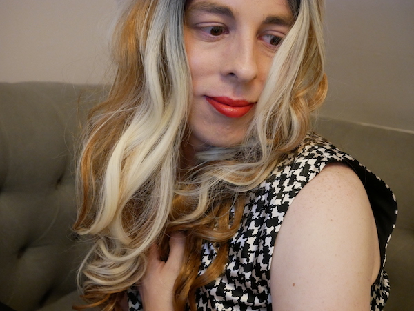Blonde wig with black+white patterned dress