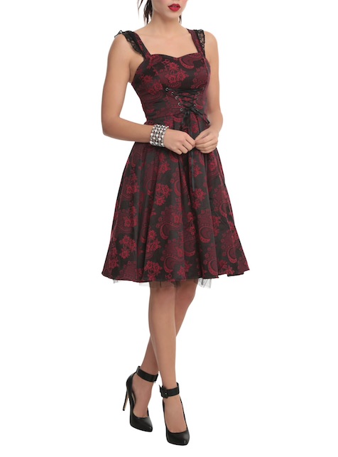 Promotional image for Red and Black Brocade Dress from Hot Topic