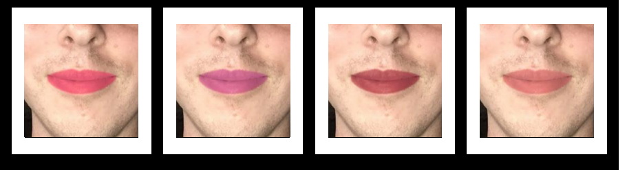 Side-by-side comparison of four lipstick shades on an unshaven male face