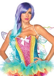 Rainbow-colored corset, pictured on a woman with purple hair